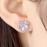 Beiver Pink Sakura Cubic Zirconia Earrings for Women in Rhodium Plated Wedding Decoration Fashion Jewelry Free Shipping