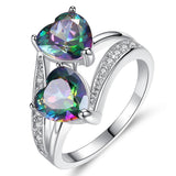 Beiver Double Heart Rainbow CZ Ring in Rhodium Plated Wedding Bands AAA Zircon Jewelry Women Accessories Engagement Ring